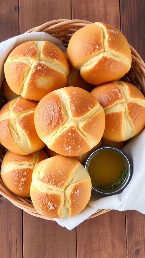 Homemade Italian Bread Machine Rolls A basket of golden brown Italian bread rolls with olive oil for dipping on a rustic table.